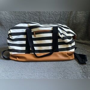DSW Weekender Tote / Black & White Stripe with Tan Accent